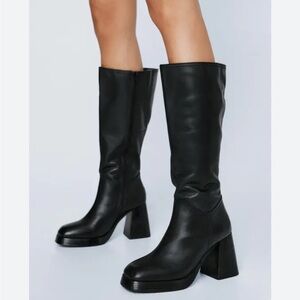 NastyGal Premium Leather Knee High Platform Boots size 8